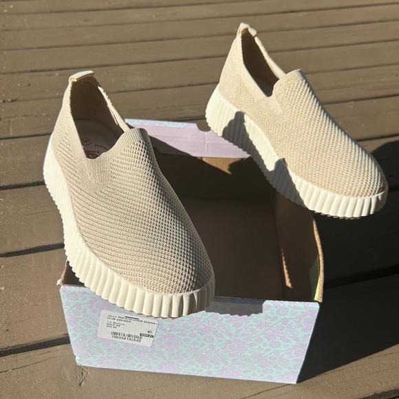 JellyPop Evolution Design Slip On Platform Sneakers Tan Knit Silver Metallic NEW - Picture 1 of 12